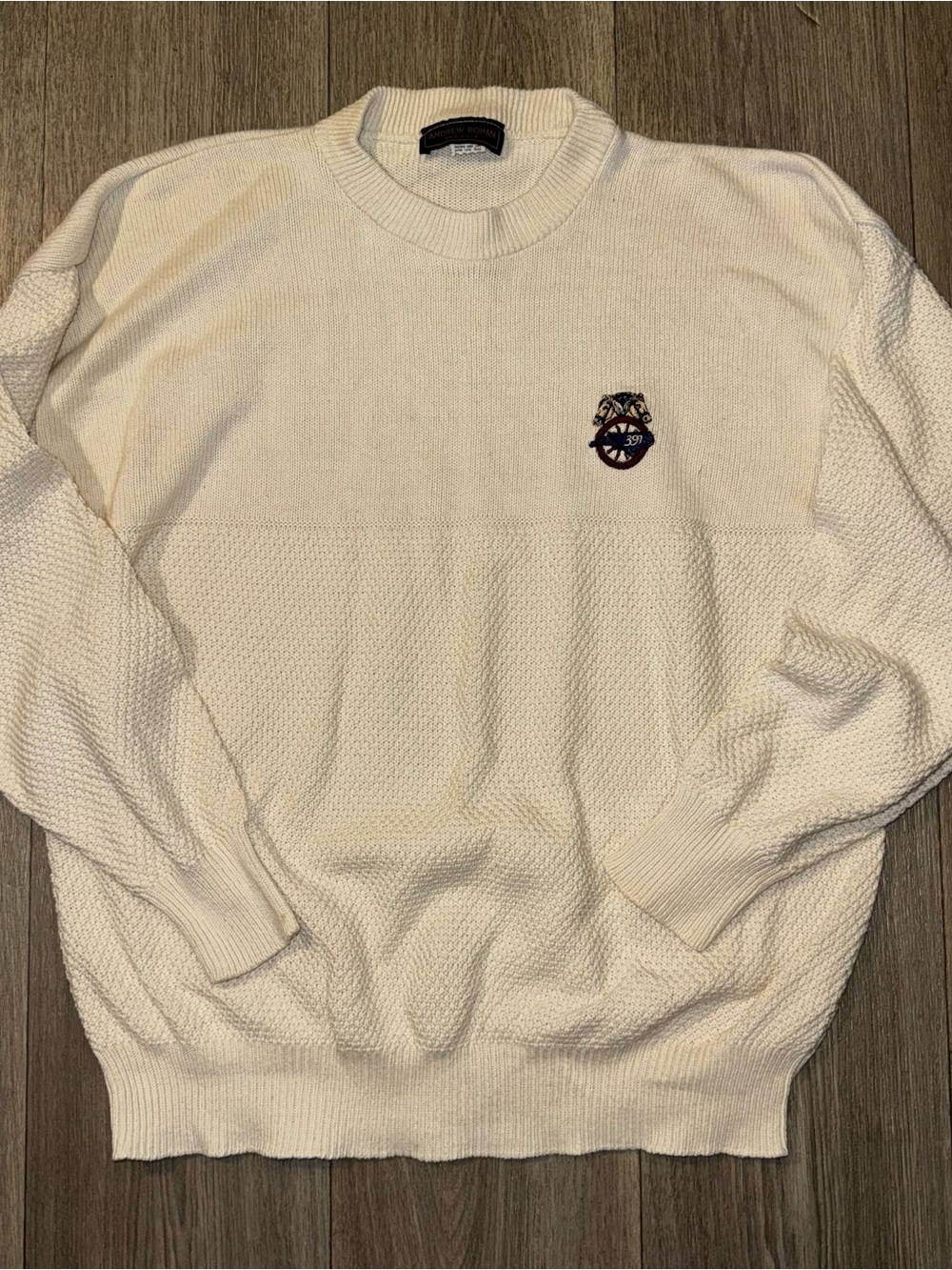 Andrew Rohan Men's Cream Crewneck Knit Sweater with Chest Patch sz L